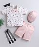 Fourfolds Cotton Blend Woven Half Sleeves Triangles Printed Shirt & Shorts Set With Cap Suspender & Bow - Peach
