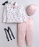 Fourfolds Cotton Blend Woven Full Sleeves Triangles Printed Shirt & Trouser Set With Cap Suspender & Bow - Peach