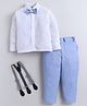 Fourfolds Cotton Blend Woven Full Sleeves Solid Shirt & Pant Set With Suspender & Bow - Sky Blue
