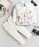 Fourfolds Cotton Blend Woven Full Sleeves Floral Embroidered & Stone Embellished Bunny Brooch Detailed 3 Piece Party Suit Set With Bow - Cream