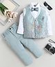 Fourfolds Cotton Blend Woven Full Sleeves Floral Embroidered & Stone Embellished Bunny Brooch Detailed 3 Piece Party Suit Set With Bow - Ice Blue