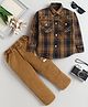 Fourfolds Cotton Blend Woven Full Sleeves Checked Shirt & Pants Set - Brown