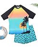 Yellow Bee Half Sleeves Sunset Printed Swimming Tee & Trunks Set - Multi Colour