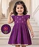 EARTHY TOUCH Cotton Woven Cap Sleeves Striped Ethnic Dress with Floral Embroidery - Purple