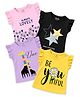 KUCHIPOO Cotton Blend Knit Pack Of 4 Frill Sleeves Floral & Typography Printed Tops - Black Light Pink Yellow & Lavender