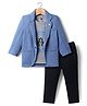 Dapper Dudes Woven Full Sleeves Self Design Blazer With Typographic Printed Tee & Trouser - Blue