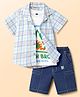 Dapper Dudes Cotton Knit Half Sleeves Checked Shirt & Shorts Set With Beach Theme Printed Tee - Blue