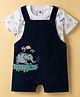 ToffyHouse Cotton Woven Romper Style Dungaree & Half Sleeves T-Shirt With Animal Print - Navy Blue