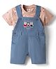 ToffyHouse Cotton Woven Dungaree & Half Sleeves T-Shirt With Bear Print - Blue & Peach
