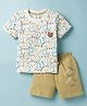 Mini Donuts Sinker Knit Half Sleeves Elephant Printed T-Shirt & Shorts Set With Patch - White & Pink