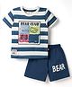 Mini Donuts Cotton Knit Sinker Half Sleeves Striped T-Shirt and Shorts Set Bear Print - Navy Blue