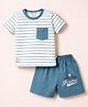 Mini Donuts Sinker Knit Half Sleeves Striped T-Shirt & Shorts Set with Patch & Print - Blue