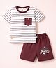 Mini Donuts Sinker Knit Half Sleeves Striped T-Shirt & Shorts Set with Patch & Print - Brown