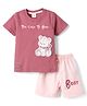 Mini Donuts Sinker Knit Half Sleeves Striped T-Shirt & Shorts Set with Teddy Bear Patch & Print - Red