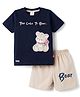Mini Donuts Sinker Knit Half Sleeves Striped T-Shirt & Shorts Set with Teddy Bear Patch & Print - Navy Blue