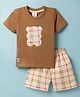 Mini Donuts Sinker Knit Half Sleeves Checked T-Shirt & Shorts Set With Bear Patch - Brown
