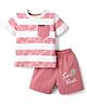 Mini Donuts Sinker Knit Half Sleeves Striped T-Shirt & Shorts Set with Beach Theme Print - Pink