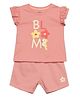 MINI KLUB Cotton Knit Half Sleeves Bloom Text Printed Top & Shorts Set - Peach