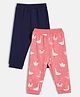 MINI KLUB Cotton Knit Pack Of 2 Solid & Birds Printed Pants - Pink & Navy Blue