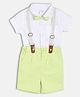 MINI KLUB Cotton Woven Half Sleeves Solid Shirt & Shorts With Bow & Suspender Set - White & Green