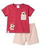 First Smile Interlock Knit Half Sleeves T-Shirt & Shorts Night Suit with Bear Patch - Red