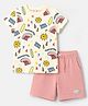 Lazy Bones Sinker Knit Half Sleeves Beach Theme Printed T-Shirt & Shorts Set - Cream & Light Pink