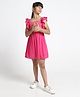 Under Fourteen Only Sleeveless Frill & Abstract Thread Work Detailed Knee Length Smocked Dress - Dark Pink
