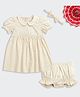 Nino Bambino Organic Cotton Knit Half Sleeves Floral Printed Dress With Bloomer & Headband - Cream