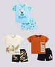 CUTOPIES Cotton Knit Pack Of 3 Half Sleeves Animals Printed Tee & Shorts Set - Blue Butter & Rust