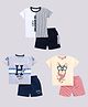 CUTOPIES Cotton Knit Pack Of 3 Half Sleeves Placement Striped & Animal Printed Tee & Shorts Set - Black Grey Melange & Butter