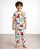 Anthrilo 100% Pure Cotton Knit Half Sleeves Animal Printed Coordinating Tee & Pajama Night Suit - White