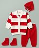 Babyhug Knit Full Sleeves Front Open Colour Block Stripe Sweater Set with Cap & Booties - Red & White