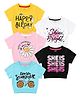 KUCHIPOO Cotton Blend Knit Pack Of 5 Half Sleeves Floral Happy All Day & Shine Bright Text Printed Tees - Yellow White  Pink Black & Sky Blue