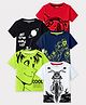 KUCHIPOO Cotton Blend Knit Pack Of 5 Half Sleeves Vehicles & Typography Printed Tees - Red Black Navy Blue Neon Green & White