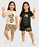 KUCHIPOO Cotton Blend Knit Mickey & Friends Featuring Pack Of 2 Half Sleeves Minnie Mouse Printed Tees & Shorts Set - Black & Cream