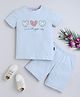 BABY NATION Cotton Knit Half Sleeves Love Always Wins Text Heart Printed Tee & Shorts Set - Light Blue