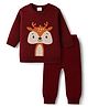 Babyhug Knitted Full Sleeves Sweater Set With Deer Design - Maroon