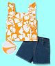 OLLINGTON ST. Cotton Knit Sleeveless Floral Printed Top & Stretchable Denim Shorts - Multicolour & Indigo