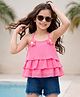 OLLINGTON ST. Chiffon Woven Sleeveless Top & Denim Shorts With Floral Applique - Pink & Navy Blue