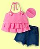 OLLINGTON ST. Chiffon Woven Sleeveless Top & Denim Shorts With Floral Applique - Pink & Navy Blue