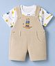 ToffyHouse Cotton Knit Dungaree & Half Sleeves T-Shirt With Baseball Print & Teddy Bear Embroidery - Beige