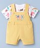 ToffyHouse Interlock Knit Half Sleeves T-Shirt & Dungaree with Animal Print & Embroidery - Yellow