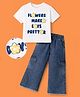 OLLINGTON ST. Cotton Knit Half Sleeves Top With Print & Denim Culottes Set - White & Blue