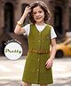 OLLINGTON ST. Cotton Twill Knit Woven Pinafore Dress and Half Sleeves Text Print Inner Tee with Belt - Olive Green