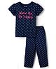 Pine Kids Cotton Knit Half Sleeves Polka Dots & Text Printed T-Shirt & Pyjama Night Suit - Navy Blue