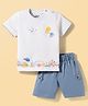 Mini Taurus Sinker Knit Half Sleeves T-Shirt & Shorts Set with Sea Animals Print - Blue