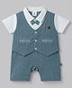 Mini Taurus Interlock Knit Half Sleeves Checks Printed Party Romper With Bow  - Teal Blue