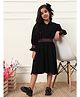 Bugandbees Cotton Flax Woven Full Puffed Sleeves Smocked Dress - Black