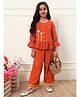 Bugandbees Cotton Woven Full Sleeves Floral Applique Detailed Top & Pants Set - Tan Brown