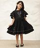 Bugandbees Cotton Woven Frill Sleeves Coconut Tree  Embroidered Dress - Black
